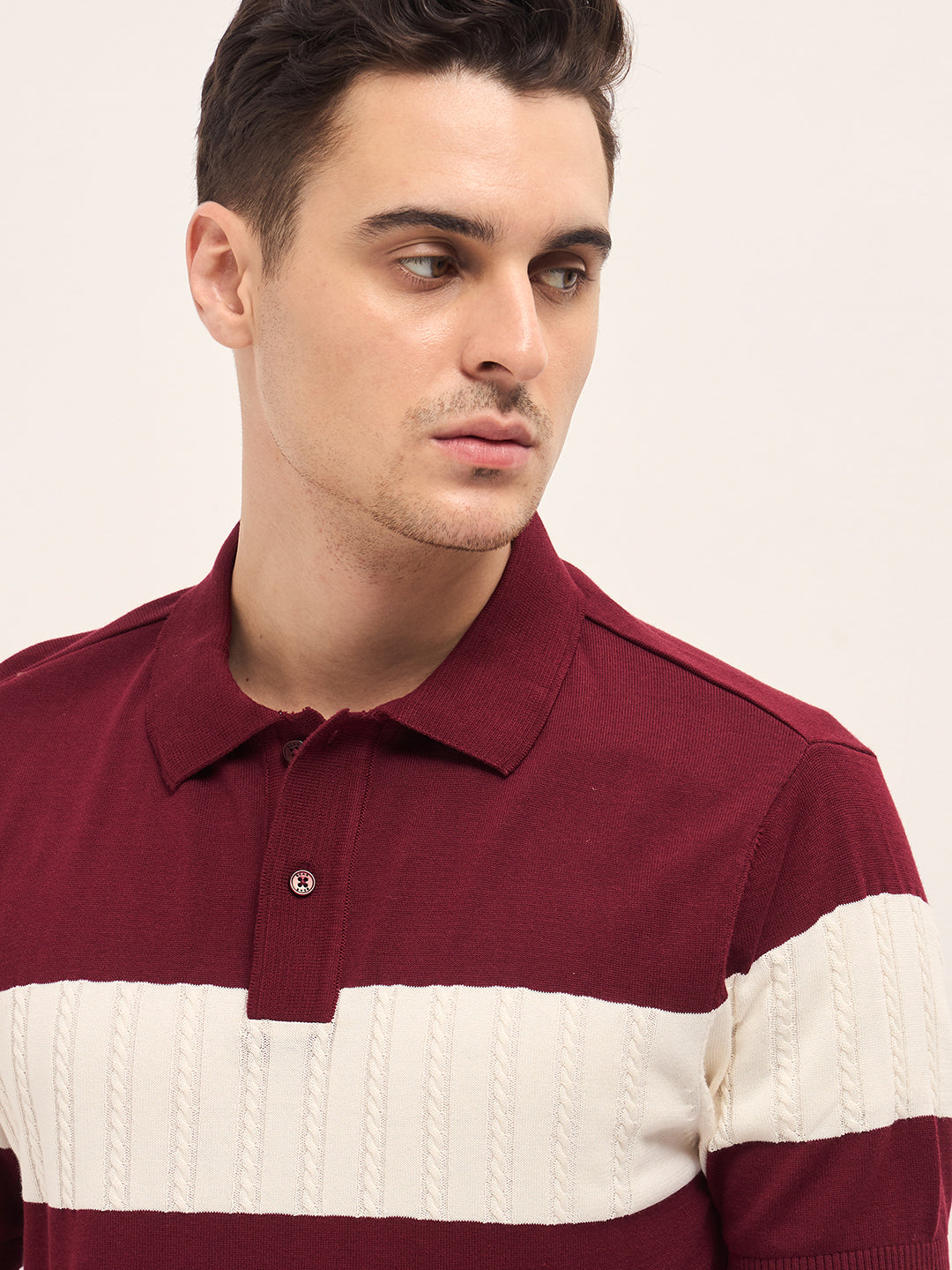 Maroon Cable-Knit Textured Stripe Slim Fit Polo
