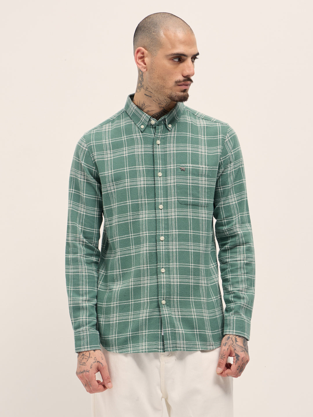 Green Checkered Slim Fit Casual Shirt