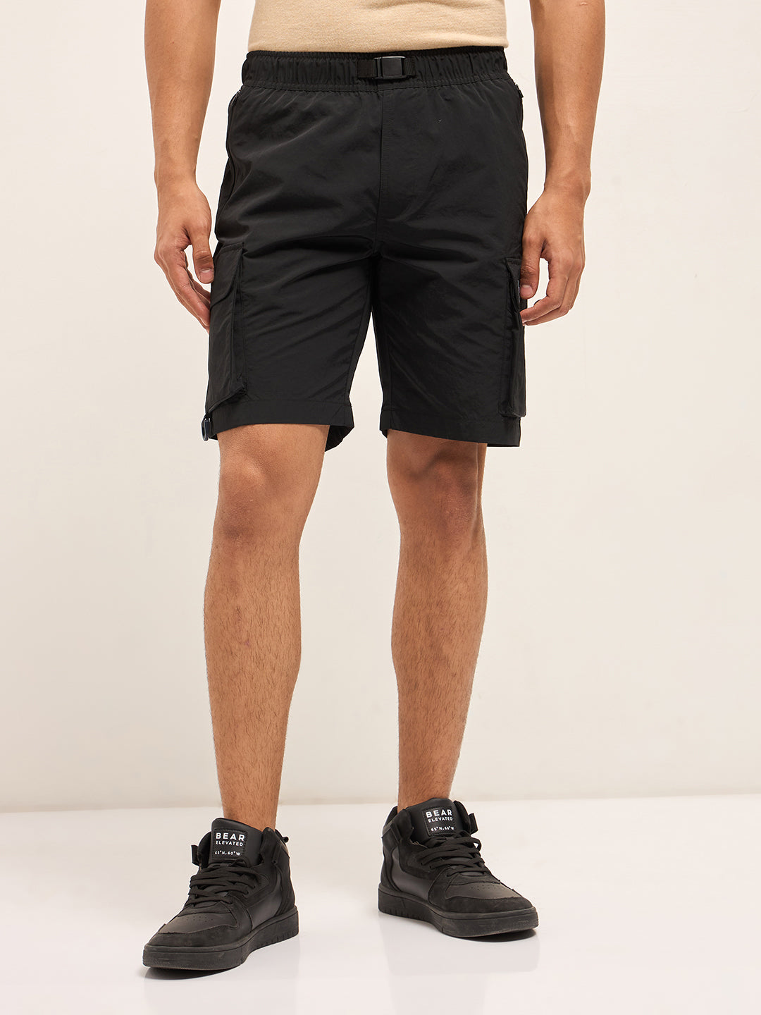 Black Solid Nylon Cargo Shorts with Multiple Utility Pockets