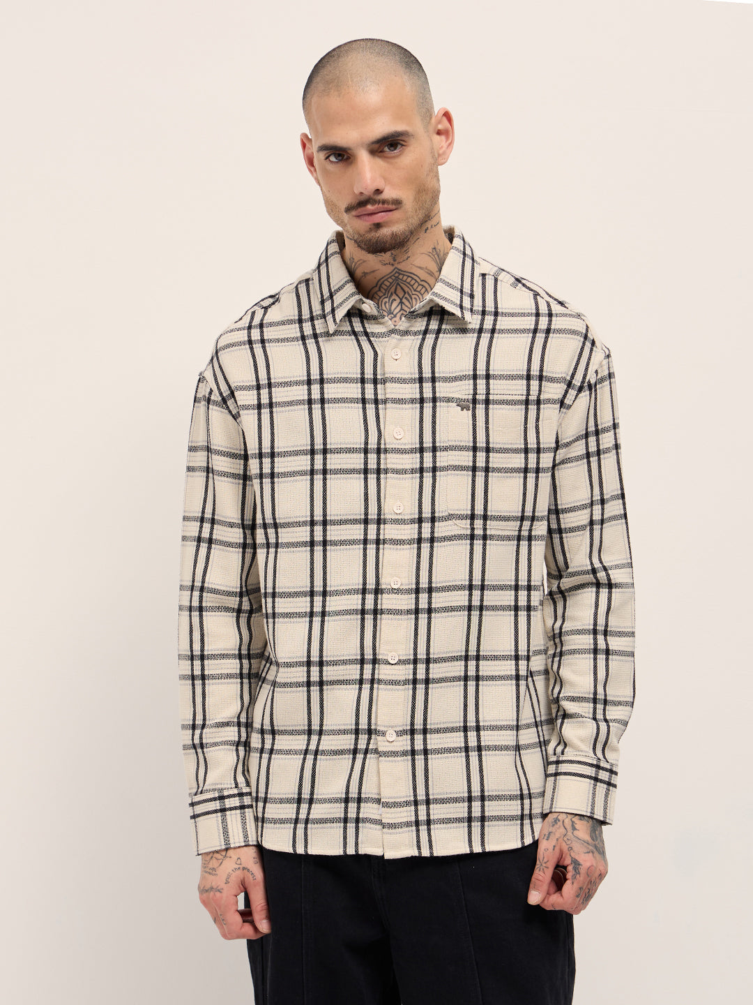 Cream Checked Relax Fit Casual Shirt