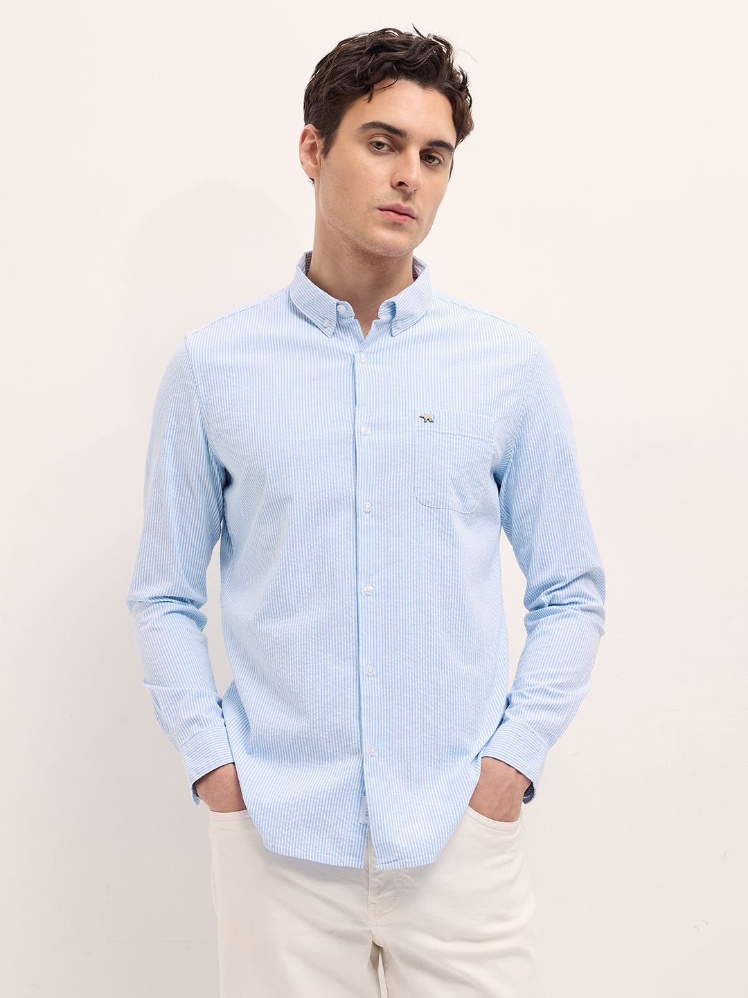 Light Blue Vertical Pin Stripes Slim Fit Casual Shirt