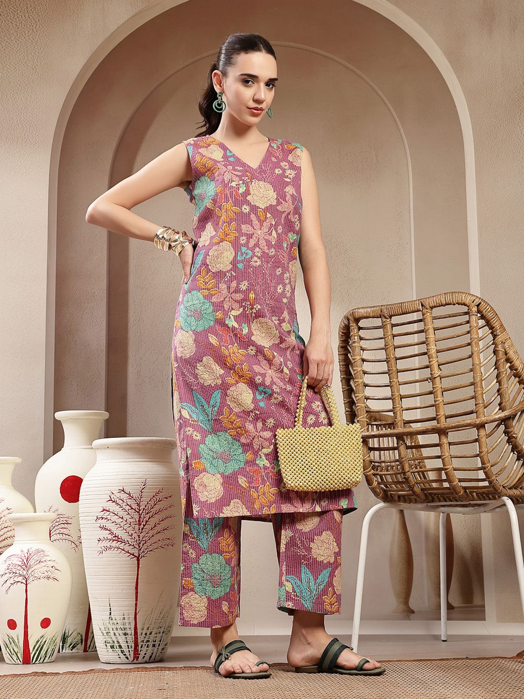 Floral Striped V-Neck Kantha Work Pure Cotton Kurta With Trousers