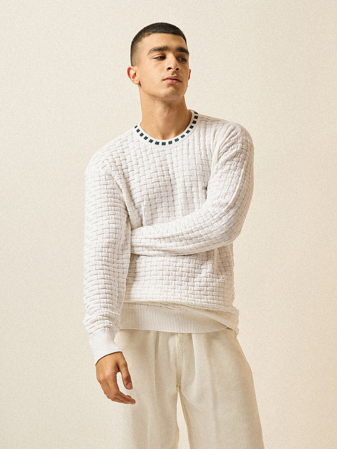 White Knitted Textured Regular Fit Ribbed Crew Neck T-shirt