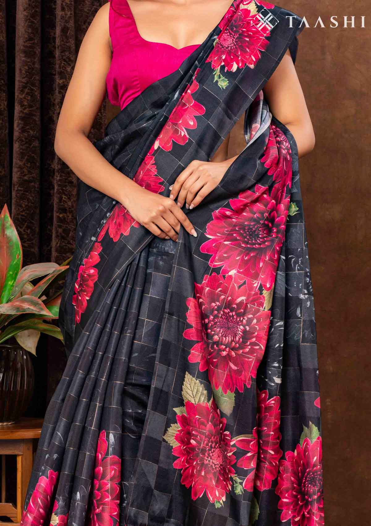 Black Checks And Bold Floral Printed Satin Saree