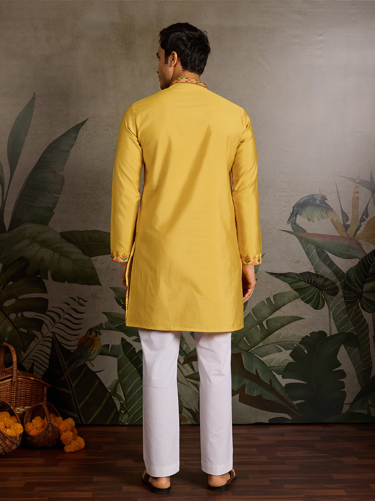 Thread & Sequin Embroidered Yellow Viscose Silk Kurta