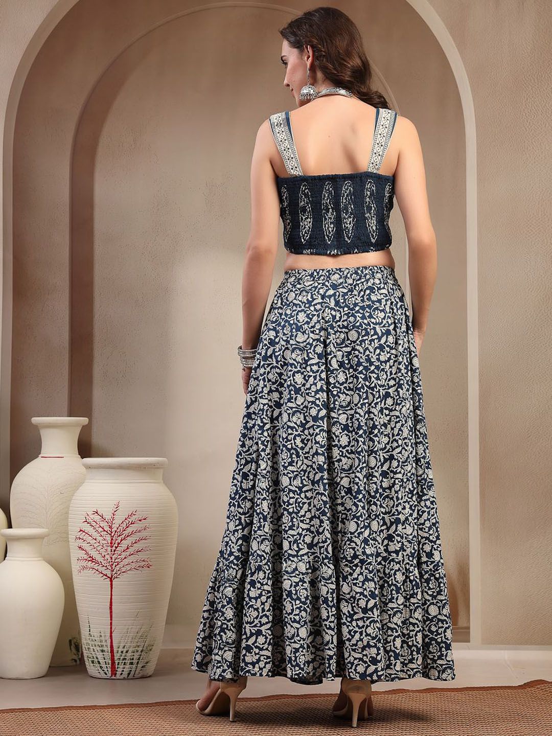 Printed Pure Cotton Shoulder Strap Neck Top With Skirt