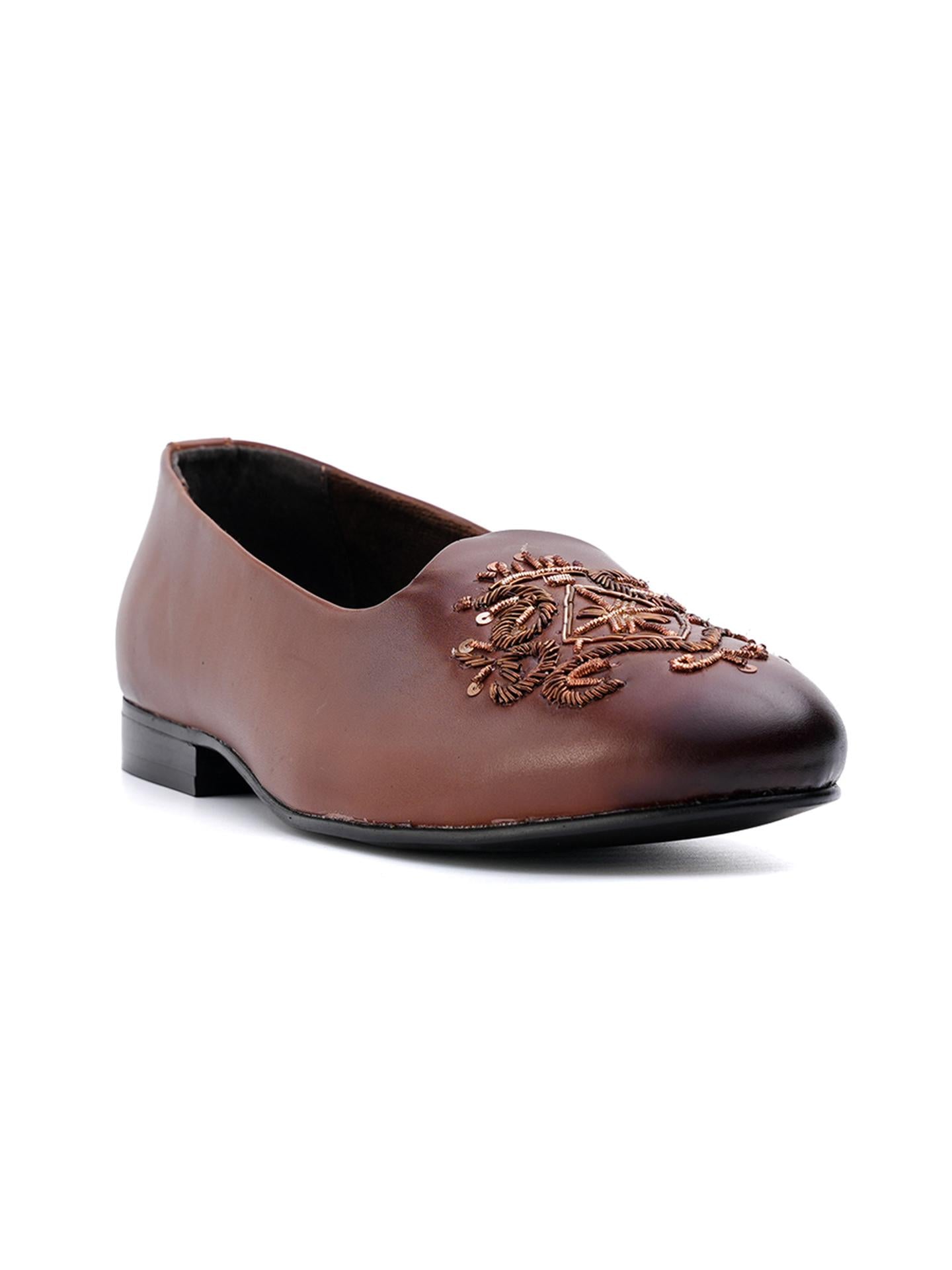 Monkstory Classic Embroidered Mojari - Brown