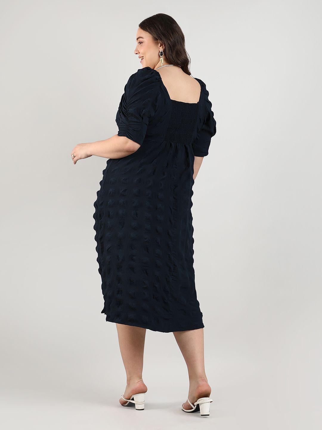 Plus Size Puff Sleeve Fit & Flare Midi Dress