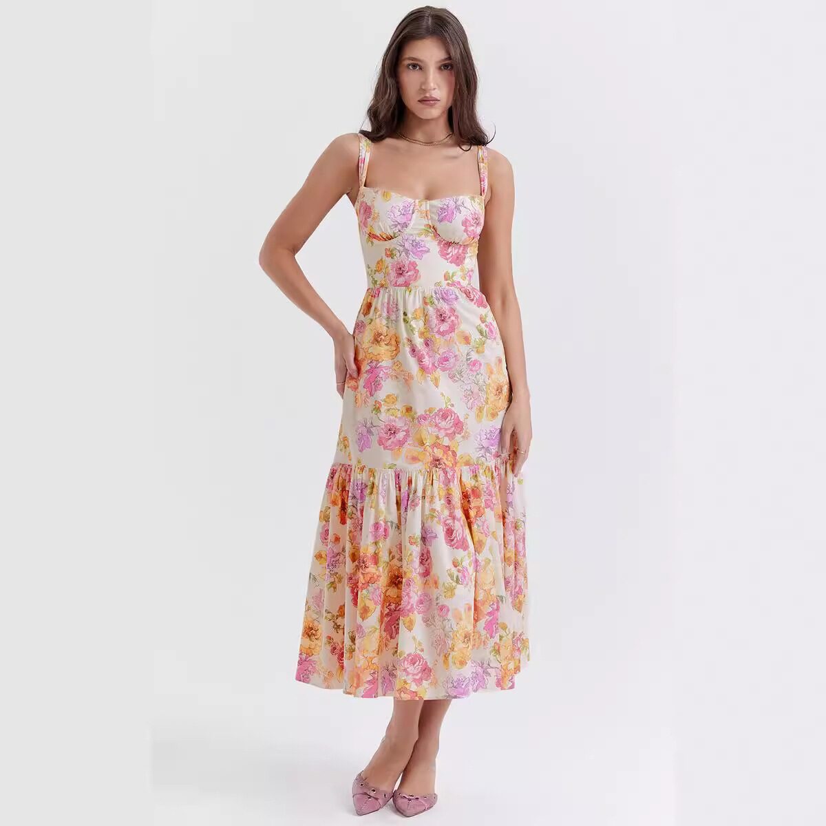 Orange Floral Printed Tiered A-Line Dress