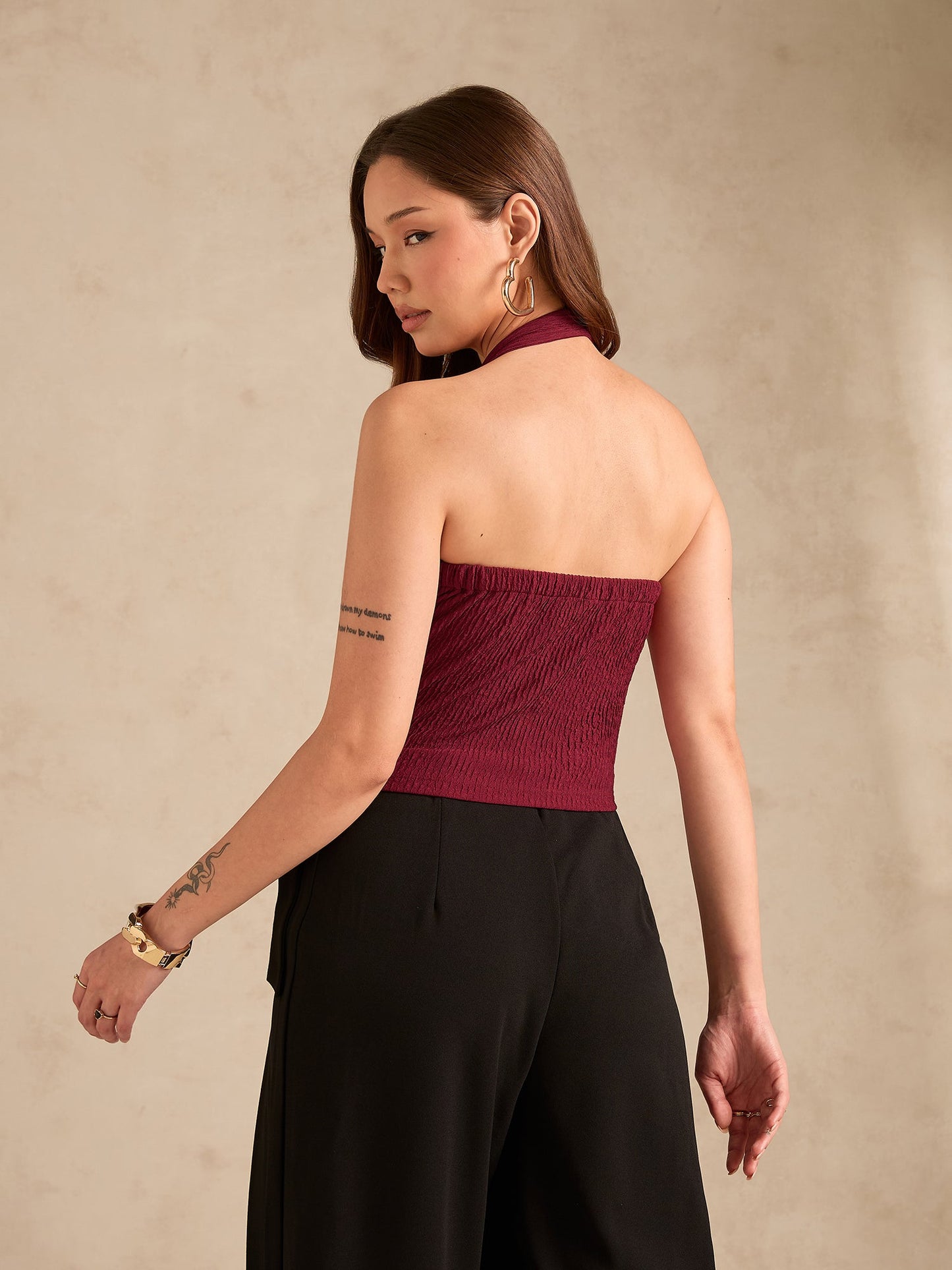 Maroon Halter Neck Tank With Metal Trim Detailing