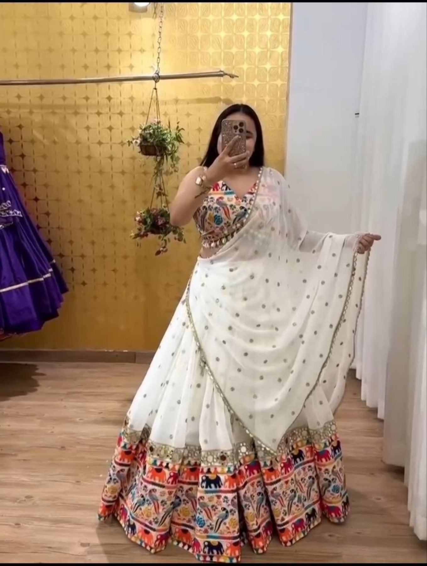 White Georgette Lehenga Choli Gamathi Work for Navratri (stitched blouse with margin)
