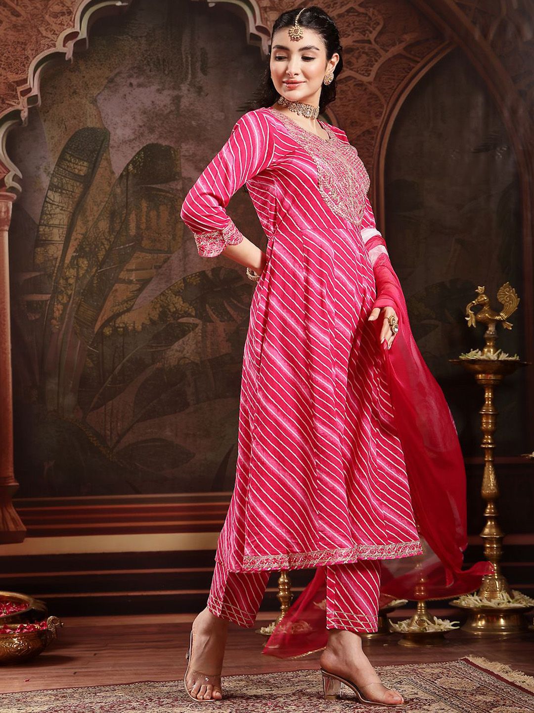 Leheriya Printed Empire Sequinned Pure Cotton Anarkali Kurta With Trouser & Dupatta