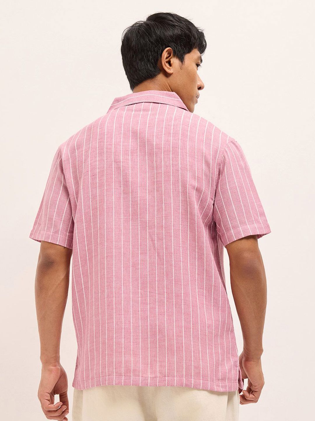 Relaxed Fit Vertical Striped Short Sleeves Linen Shirt