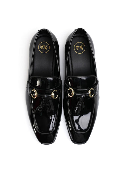 Monkstory Horsebit Tasseled Patent Slip-Ons - Black