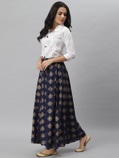 Women Off White & Navy Blue Printed Shirt with Skirt
