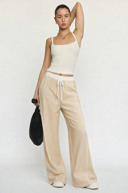 Drawstring Wide Leg Pants - Beige