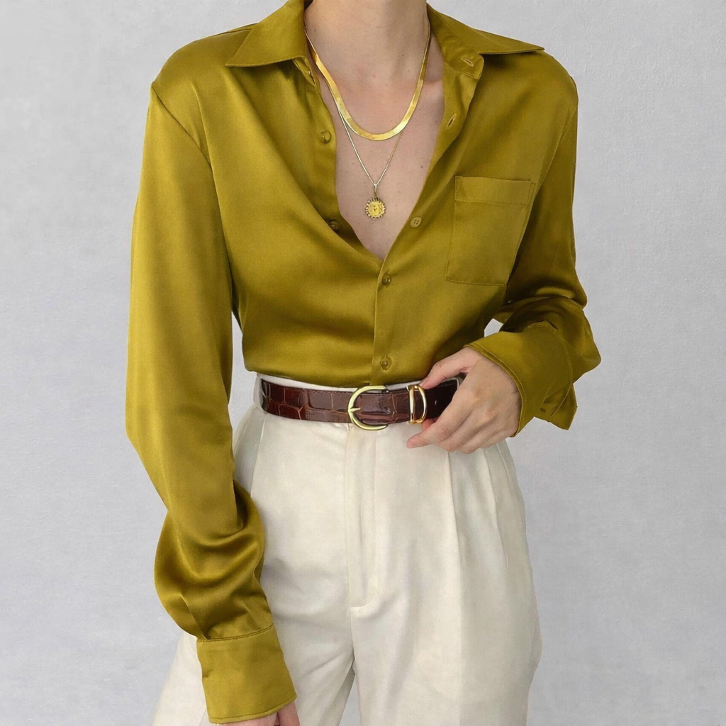 Signature Ease Luxe Satin Shirt - Olive