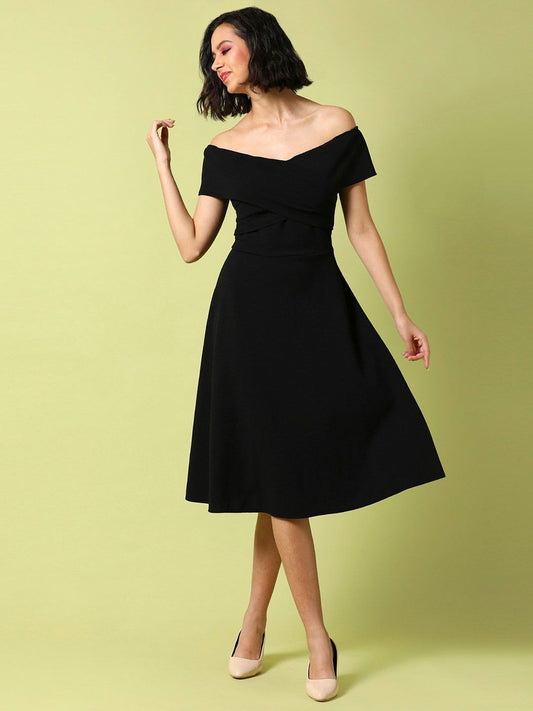 Off-Shoulder Gathered Fit & Flare Dress