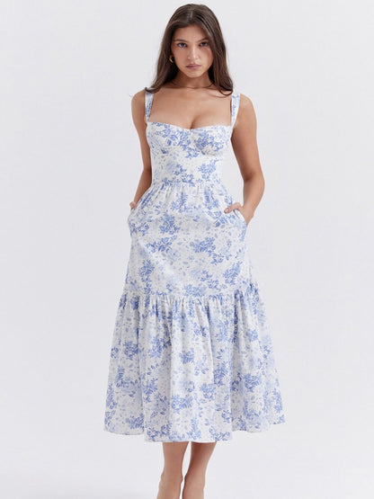 Blue Floral Printed Tiered A-Line Dress