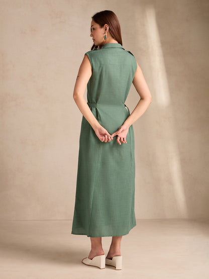 Green Button Down Shirt Dress With Metal Trims Detail