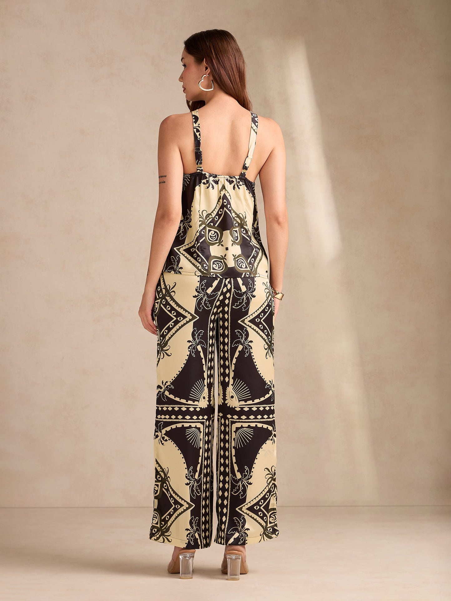 Black Scarf Print Coord Set With Halter Neck Assymentric Top Paired With Straight Fit Trousers