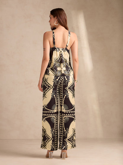 Black Scarf Print Coord Set With Halter Neck Assymentric Top Paired With Straight Fit Trousers