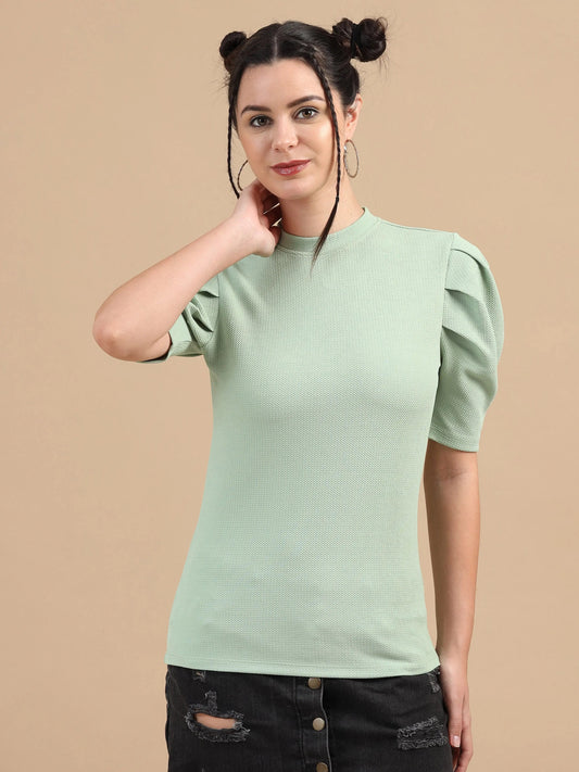 Women Regular Top, 3/4 Puff Sleeve, Lycra, Sage green