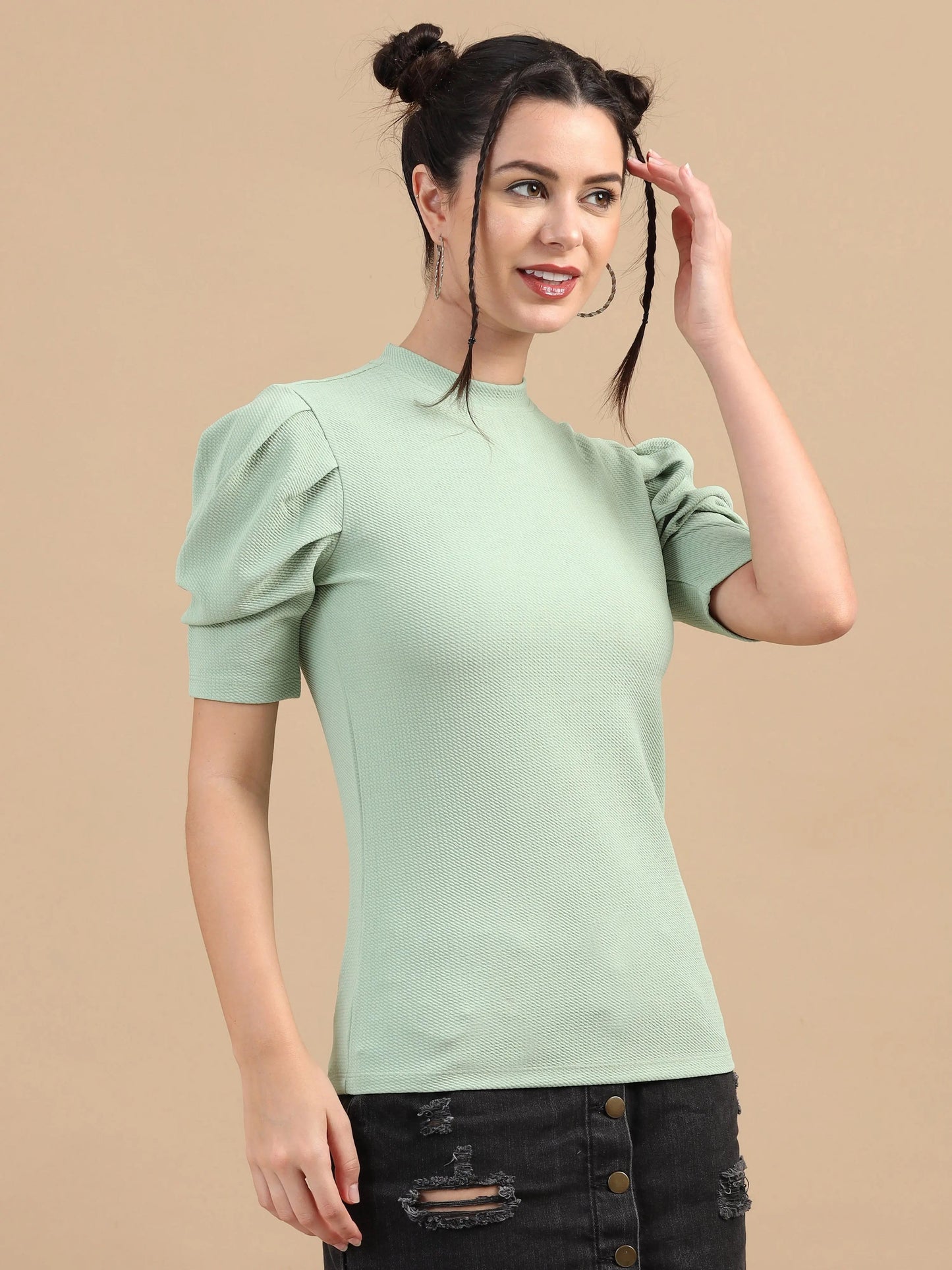 Women Regular Top, 3/4 Puff Sleeve, Lycra, Sage green