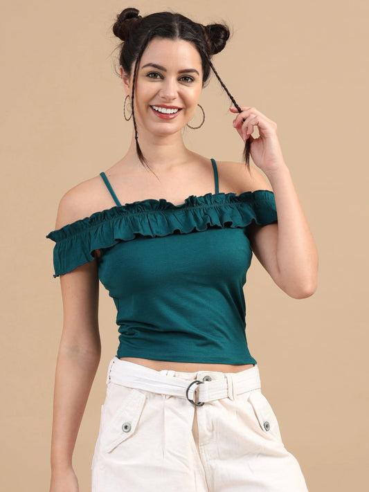 Women Bardot Crop Top, Sleeveless, Viscose Lycra, Teal Blue