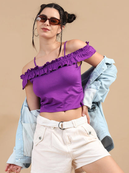 Women Bardot Crop Top, Sleeveless, Viscose Lycra, Purple