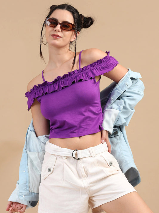 Women Bardot Crop Top, Sleeveless, Viscose Lycra, Purple