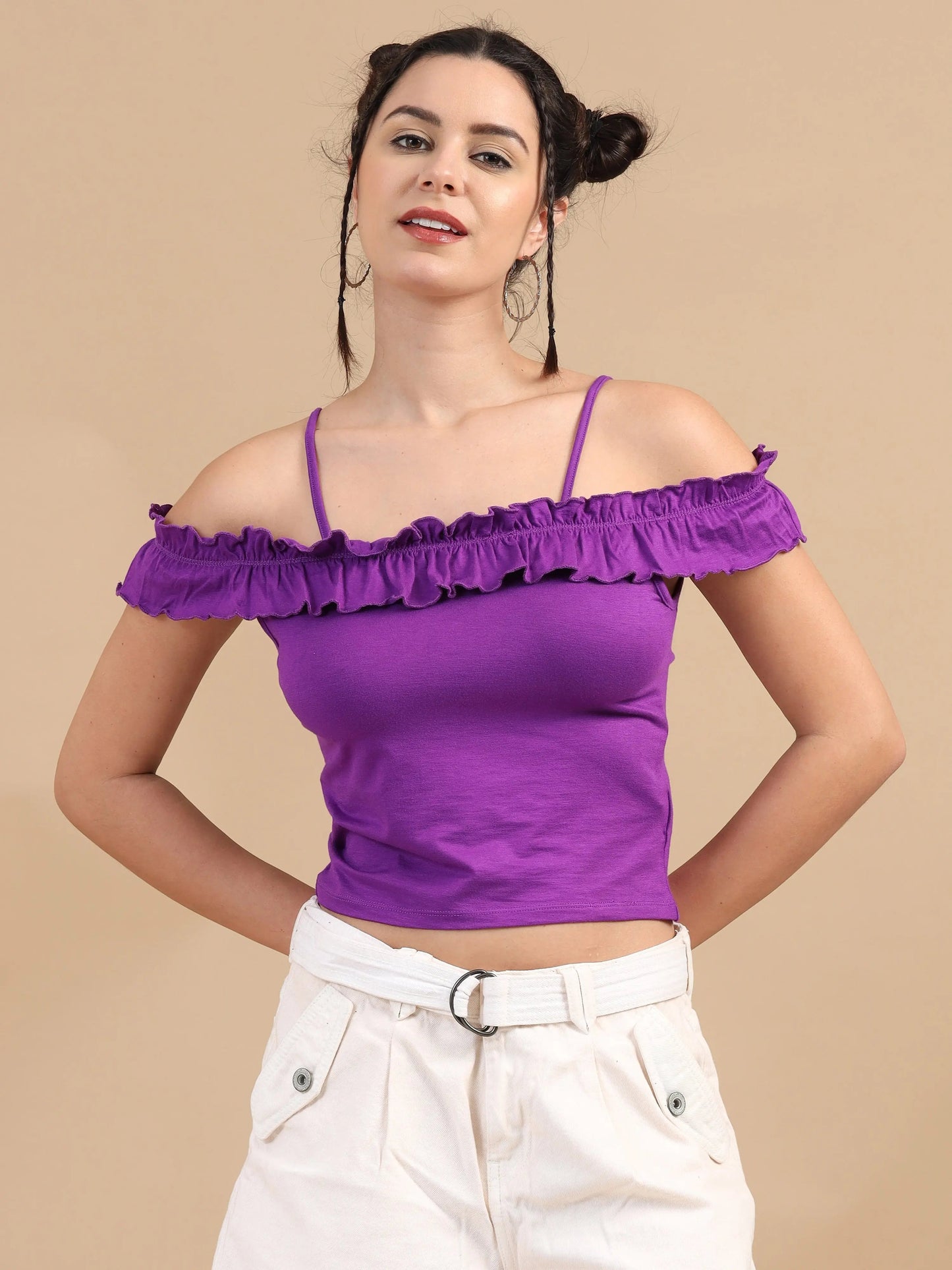 Women Bardot Crop Top, Sleeveless, Viscose Lycra, Purple