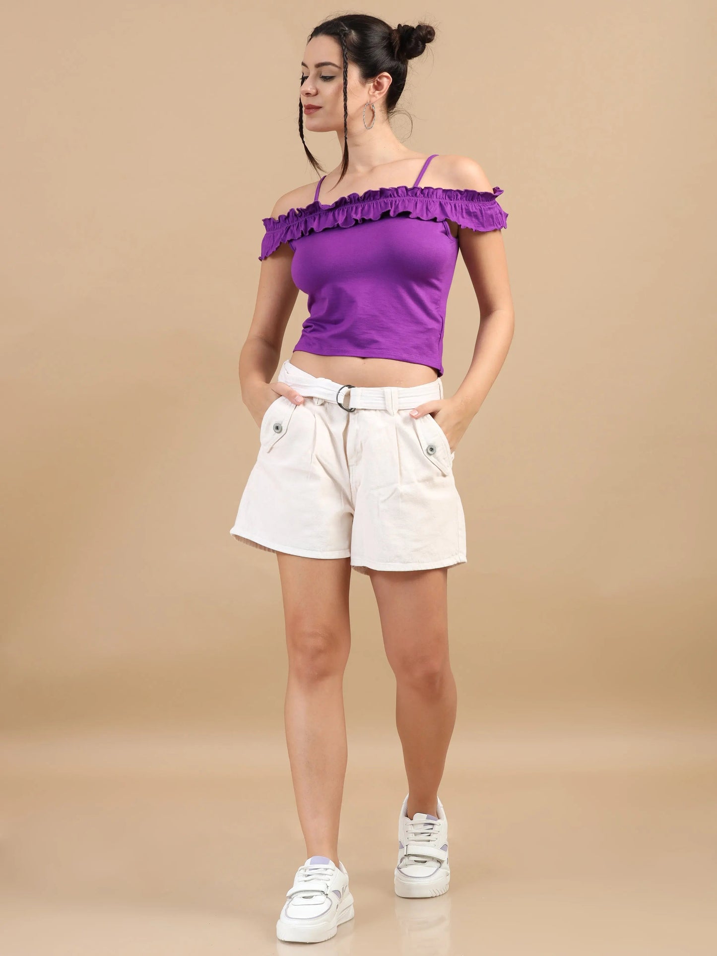 Women Bardot Crop Top, Sleeveless, Viscose Lycra, Purple