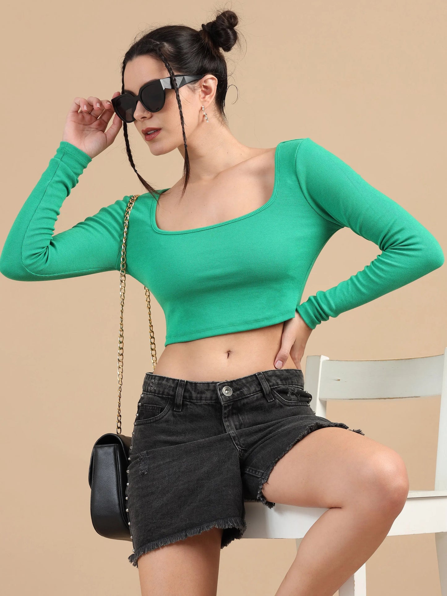 Women Ribbed Fitted Crop Top, Full Sleeve, Cotton Lycra, Green