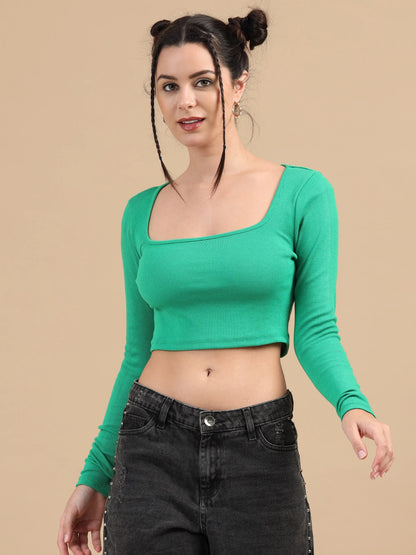 Women Ribbed Fitted Crop Top, Full Sleeve, Cotton Lycra, Green