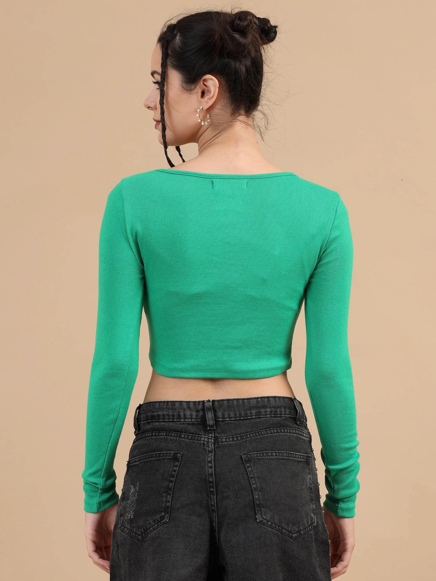 Women Ribbed Fitted Crop Top, Full Sleeve, Cotton Lycra, Green