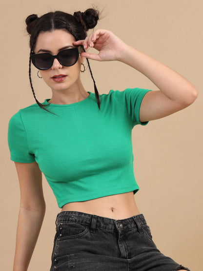 Women Ribbed Fitted Crop Top, Short Sleeve, Cotton Lycra, Green