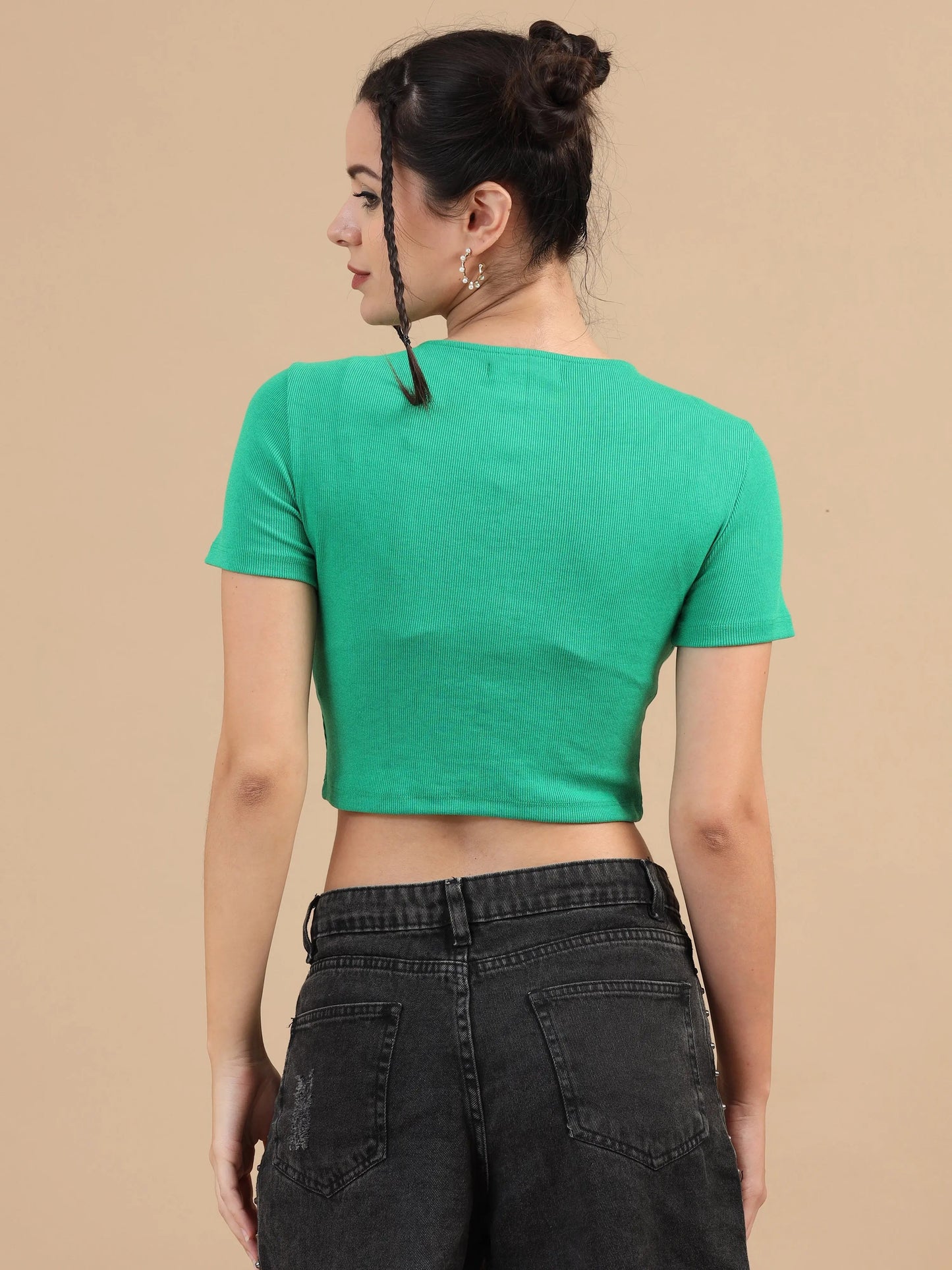 Women Ribbed Fitted Crop Top, Short Sleeve, Cotton Lycra, Green