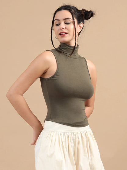 Women Stretchable Tank Top, Sleeveless, Viscose Lycra, Olive