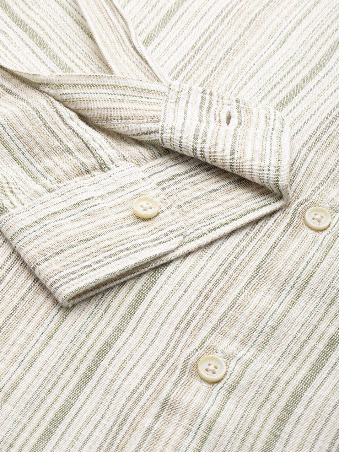 Men Cotton Linen Button-Down Collar Slim Fit Striped Casual Shirt