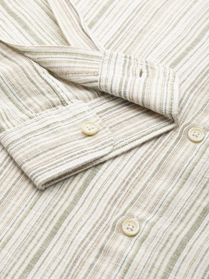 Men Cotton Linen Button-Down Collar Slim Fit Striped Casual Shirt