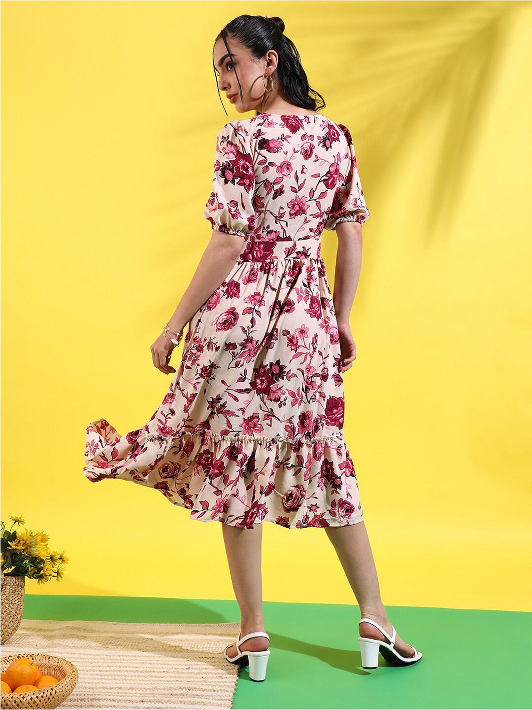 Beige Floral Printed Square Neck Puff Sleeves Tiered Fit & Flare Dress