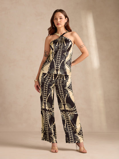 Black Scarf Print Coord Set With Halter Neck Assymentric Top Paired With Straight Fit Trousers