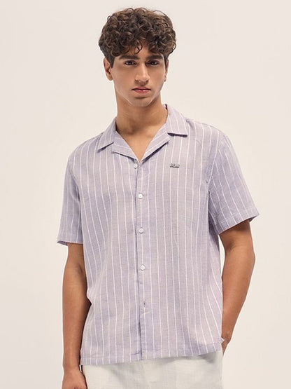 Men Vertical Striped Cuban Collar Linen Casual Shirt