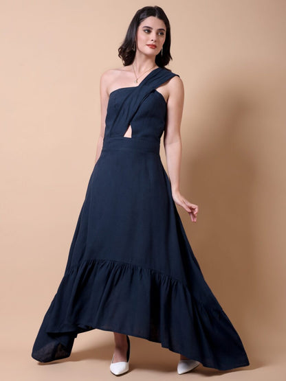 Asymmetric One-Shoulder Maxi Dress | Navy Blue