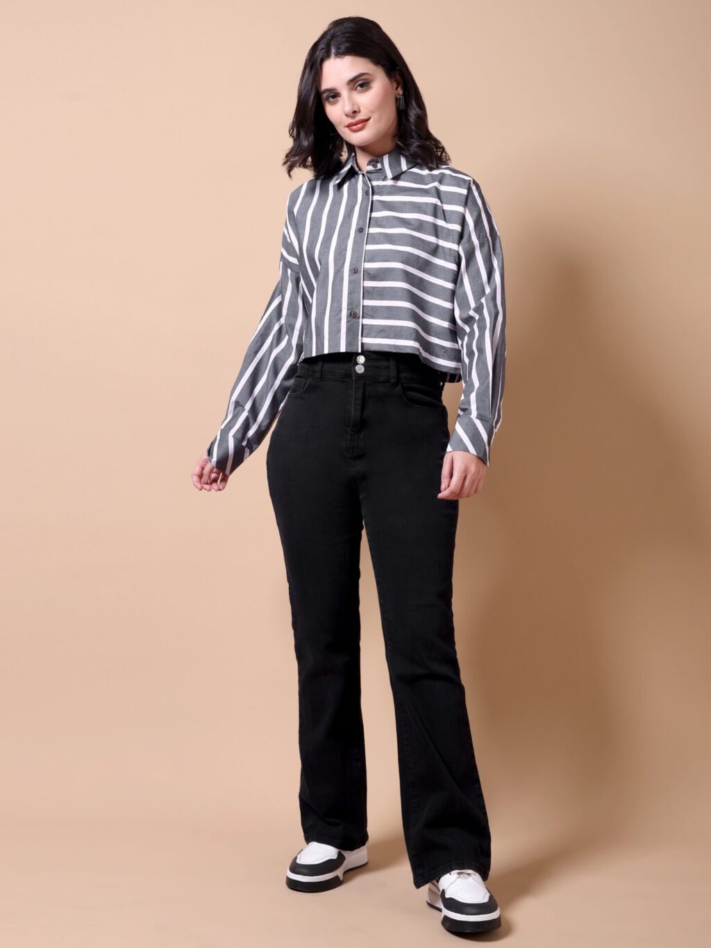 Striped Cotton Cropped Shirt | Light Pink Stripped, Grey