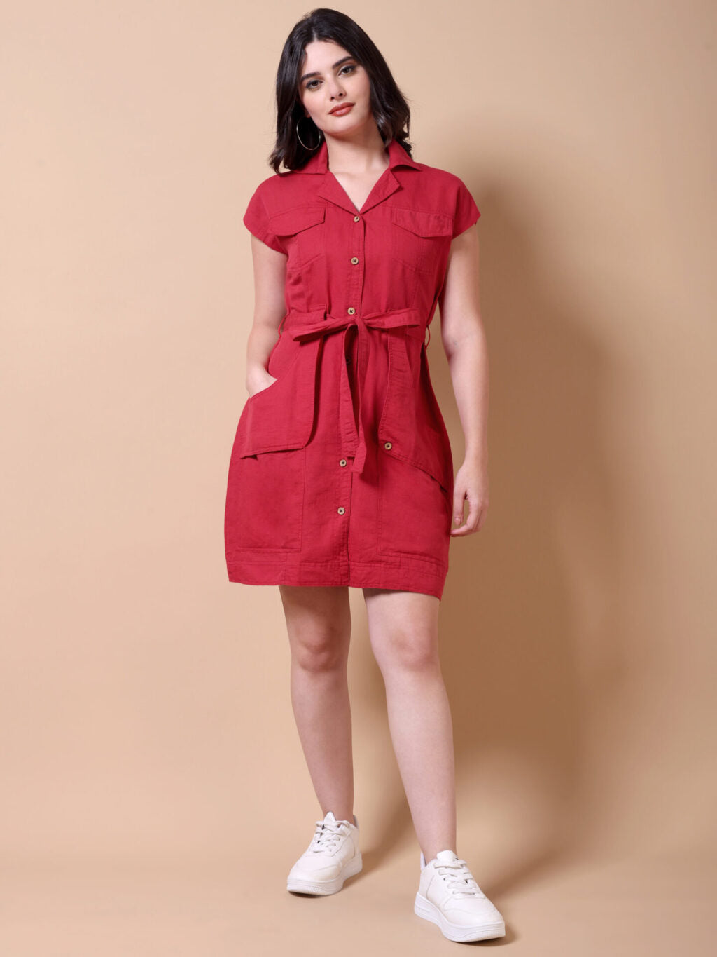 Belted Shirt Mini Dress | Red