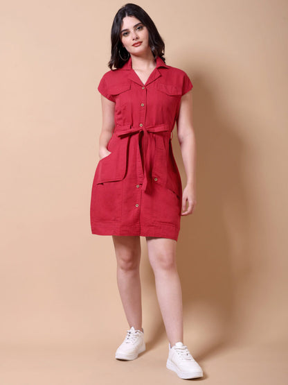 Belted Shirt Mini Dress | Red