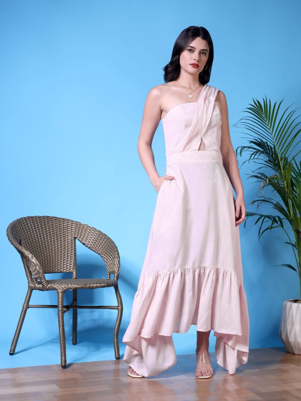 Asymmetric One-Shoulder Maxi Dress | Pink