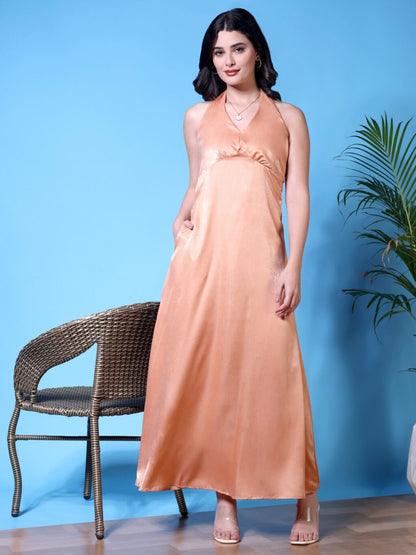 Halter Neck Velvet Maxi Dress | Peach